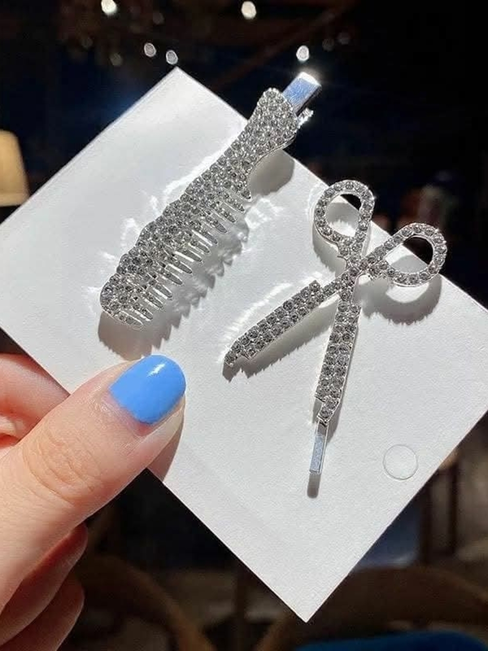 Rhinestone Scissors & Comb Hair Pin Set - Silver
